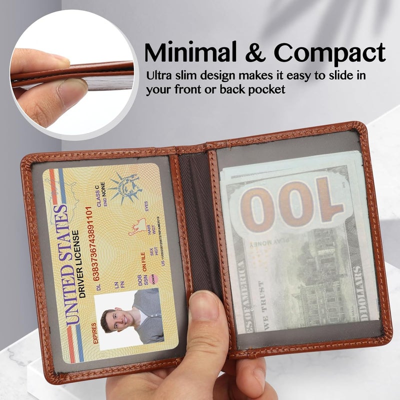 Unaone Slim Minimalist Wallet - Premium Leather Card Holder RFID Blocking Card Case with 8 Card Slots and 2 ID Window, Crackle Brown - Image 5